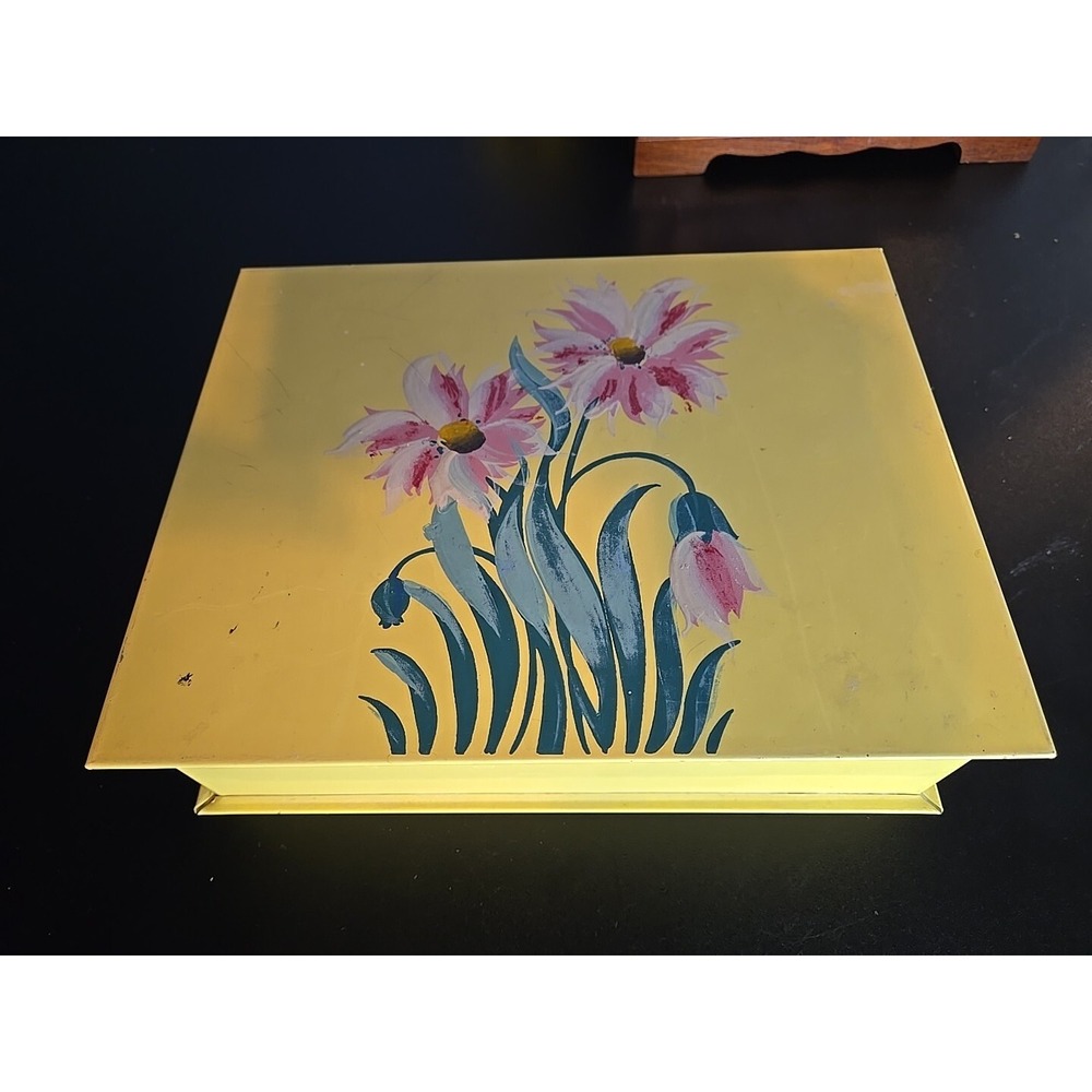 Vintage Yellow Metal Box w/ Flowers on Hinged Lid - Hankie Jewelry Make-up Box